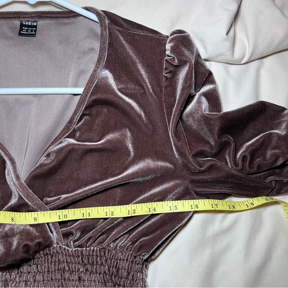 SHEIN Deep Brown Velvet Long Sleeve Women’s XS Dress Empire Waist V Neck - Picture 9 of 16
